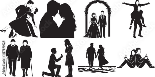 Relationship icons set showing different stages of love from romance and marriage to old age silhouettes