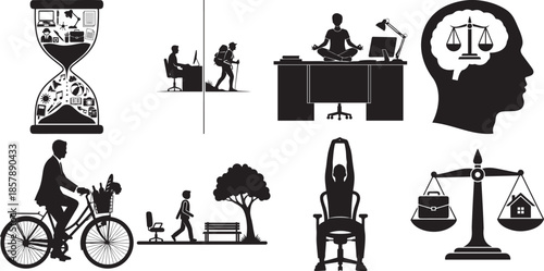 Hourglass filled with various business objects symbolizing time management and work productivity concept