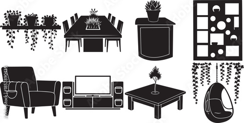 Minimalist black silhouettes of modern home furniture and interior decoration items vector set