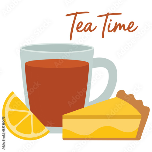 Cut off lemon pie piece isolated with lemon fruit and tea cup on white background flat food design