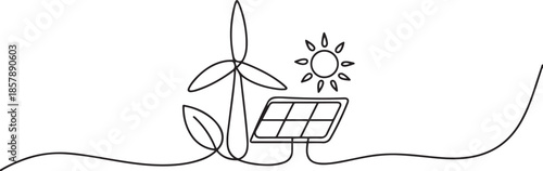 Green energy and renewable resources in simple linear style. one line Art icon drawing