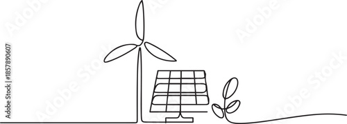 Green energy and renewable resources in simple linear style. one line Art icon drawing