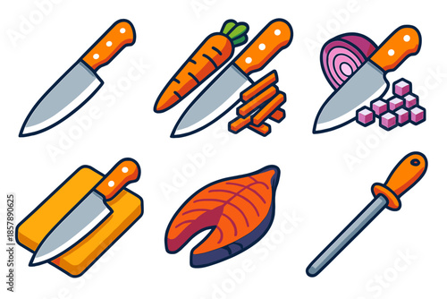 Knife Skills Illustrated. Isometric vector illustration set Knife Skills: chef’s knife, julienne carrot, diced onion, filleted
