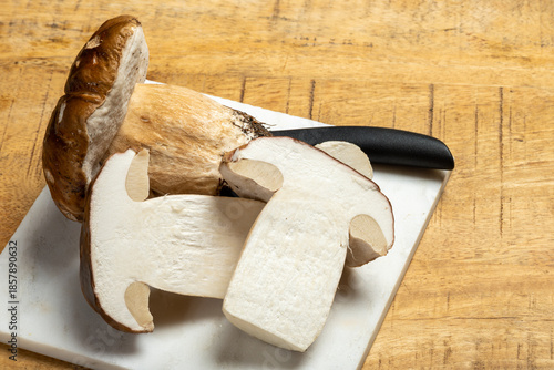 Boletus edulis, cepe, porcini mushrooms unwashed, tasty vegetarian food from forest, ingrediens for french and italian cuisine, pasta, risotto, soup