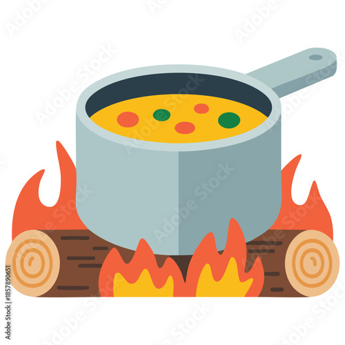 Pot boiling on firewood on white background isolated vector illustration on white background