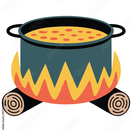 Boiling pot on firewood on white background isolated vector illustration on white background