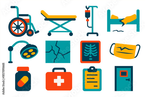 Abandoned Hospital Icons. Flat vector icons of Abandoned Hospitals: wheelchair, gurney, IV stand, broken bed, surgical lamp,