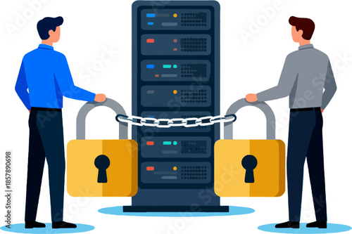 Server Security with Two Businessmen and Padlocks – Flat Vector Illustration of Data Protection, Cyber Security and Locked Database System
