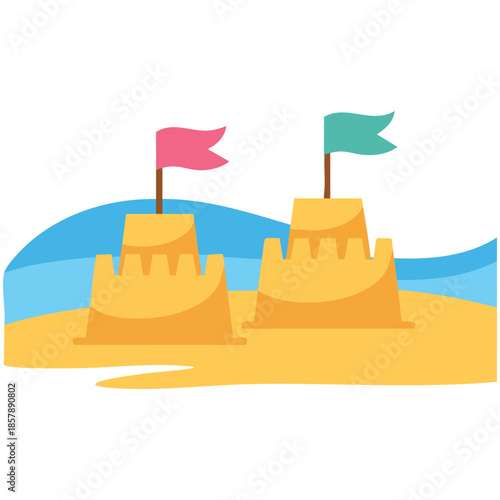 Background with sandcastles and flags isolated vector illustration on white background