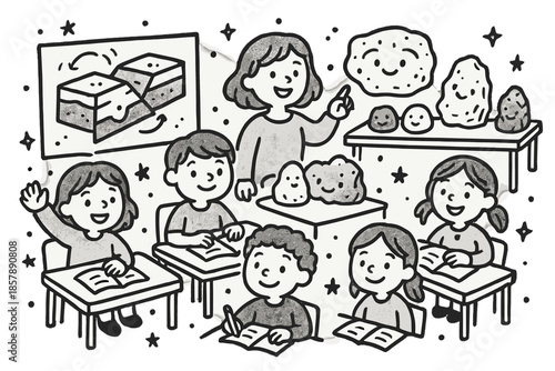 Whimsical Geology Classroom. Whimsical doodle geophysical classroom with happy students, smiling rock samples, cartoon diagrams of