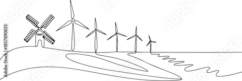 Wind farm turbines and windmill at the Sea in One continuous line drawing. one line Art icon drawing
