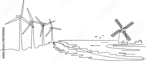 Wind farm turbines and windmill at the Sea in One continuous line drawing. one line Art icon drawing