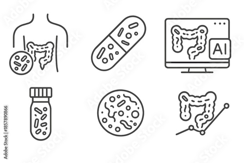 Future Microbiome Icons. Line style icons of Future Microbiome Therapies: personalized gut profile, microbiome drug capsule, AI