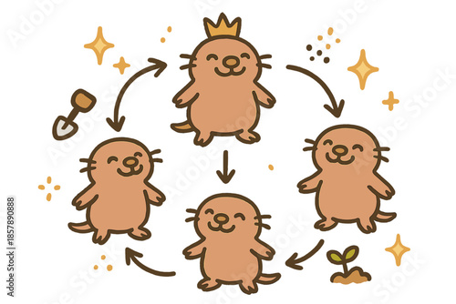 Mole-Rat Hierarchy Diagram. Magical doodle social hierarchy diagram with cheerful mole-rats, cartoon arrows indicating roles,