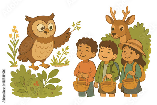 Nature Walk Adventure. Guided nature walk with a wise owl pointing at plants, children smiling with baskets, and deer peeking from