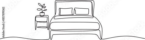 Continuous one line drawing of double bed and table with potted plant. one line Art icon drawing
