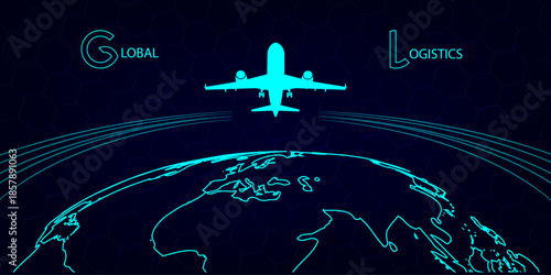 Global logistics network in dark blue. Map global logistics partnership connection.  Globe and aircraft  in neon style. Global logistics concept for your design. EPS10.