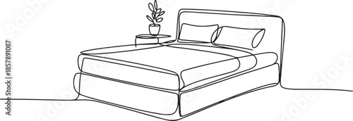 Continuous one line drawing of double bed and table with potted plant. one line Art icon drawing