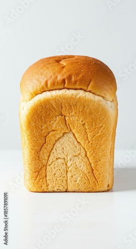 A freshly baked whole loaf of plain white sandwich bread sitting centered on a clean bright white background ready for slicing ,kitchen ,lunch ,baked