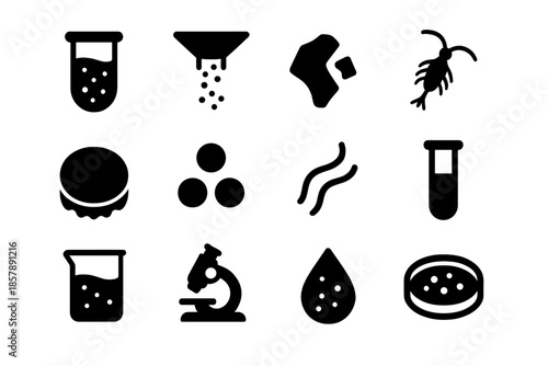 Microplastic Pollution Icons. Solid style icons of Microplastic Pollution: Water Sample, Filter, Plastic Fragment, Zooplankton,