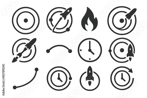 Hohmann Transfer Orbits Icons. Solid style icons of Hohmann transfer orbits: two concentric orbits, elliptical transfer path,