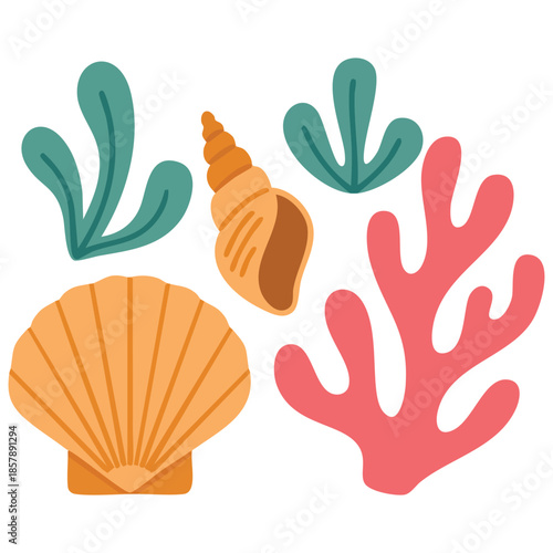 cartoon style underwater plants corals sponges and sea life shapes vector illustration isolated on white background