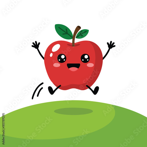 realistic apple fruit caricature over grass on white background vector illustration