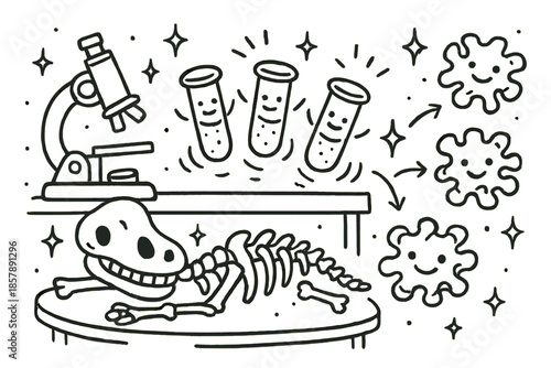 Whimsical Fossil Lab. Whimsical doodle molecular paleontology lab with smiling fossil bones, cartoon test tubes bouncing, cheerful