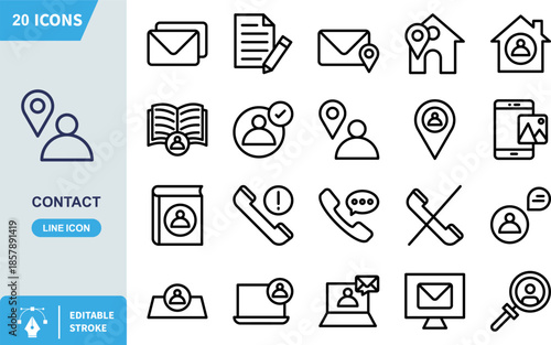 Minimalist line icon illustrating contact location information featuring a user symbol next to a map pin demonstrating precise geographic positioning data for navigation applications and address book 