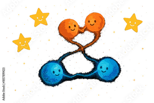 Entangled Particles and Stars. Quantum entanglement scene with pairs of glowing particles holding hands across space, smiling