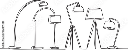Modern floor lamps for home interior decorations of trendy loft style outline contour lines. one line Art icon drawing