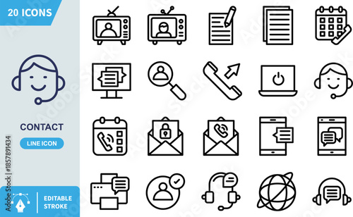 Minimalist outline icon depicting a smiling customer service agent wearing a headset ready to provide telephone support for contact center operations and communication needs