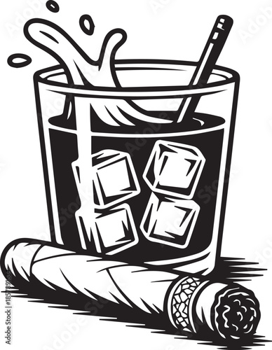 Whiskey Glass with Ice Splashing and Cigar Illustration in Black and White Line Art Style