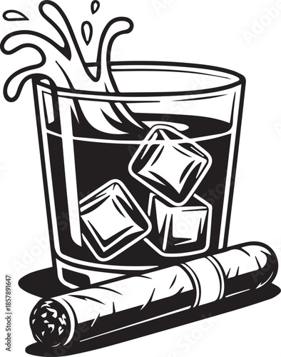 Whiskey Glass with Ice Splashing and Cigar Illustration in Black and White Line Art Style