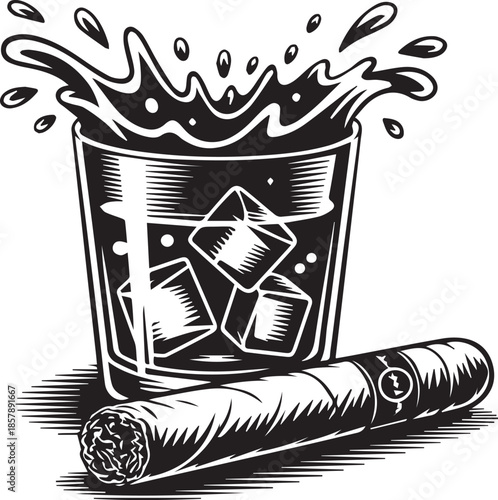 Whiskey Glass with Ice Splashing and Cigar Illustration in Black and White Line Art Style