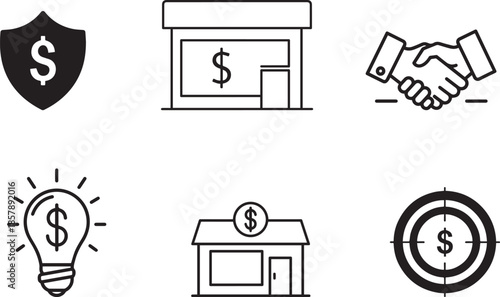 Financial icons including security business partnership innovation and investment concepts