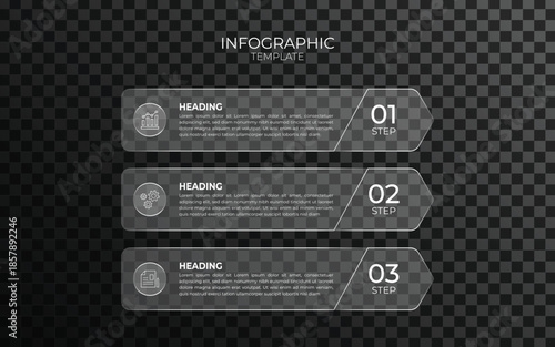 Modern Glassmorphism 3 Step Infographic Template on Dark Background. Transparent Vector Banners for Business Process Flow and UI UX Design Layouts.