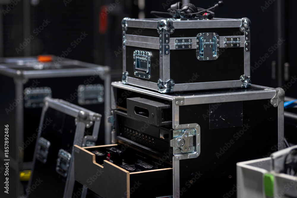 Fototapeta premium Stacked professional flight cases with aluminum corners and recessed handles for transport