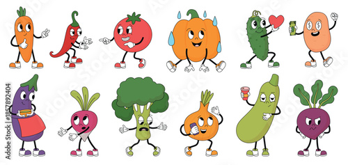 Groovy vegetable characters. Different vegetables with emotions. Isolated funny onion broccoli tomato, pumpkin, pepper. Fresh farm food neoteric vector set