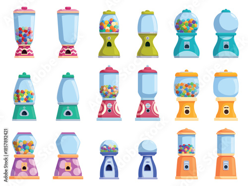 Bubblegum candy machines. Sweets in vending machines, cartoon colorful balls. Glazed multicolor choco ball. Empty glass dispenser for market, kidzone, stores, sapid vector set
