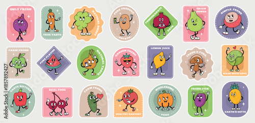 Groovy fruit vegetable stickers. Vegetables fruits cartoon retro characters with comic faces. Vibrant labels for fresh farm market products, neoteric vector design