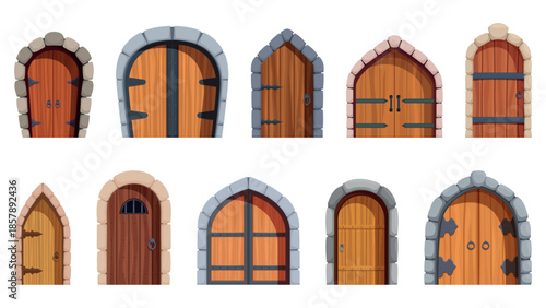 Cartoon old style doors. Medieval door of castle, palace, stone wall. Vintage wooden stones iron architecture exterior elements, sapid vector design