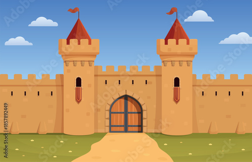Medieval castle entrance. Stone old wall with wooden closed doors. Fairytale palace, fortress, citadel. Arch style gates, towers with flags, sapid vector scene