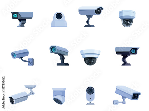 Cctv cameras. Isolated surveillance camera for traffic, roads, urban streets. Spy video systems, security equipment for home or outdoor, safety controls sapid vector set