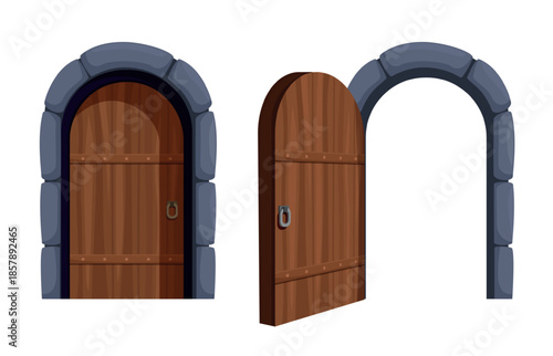 Medieval wooden doors. Old entrance in cellar, dungeon, castle or room in palace. Open close door in stone arch, architecture element sapid vector set