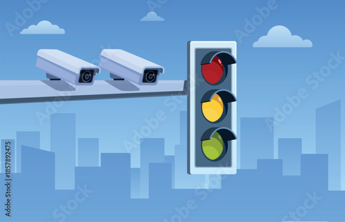 Camera security and traffic light. Road cctv, urban control and monitoring. City safety technologies. Photo cameras for driving, radars sapid vector scene