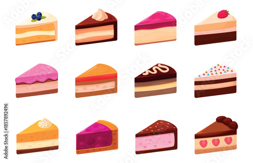 Cake pieces. Cartoon cakes icons, isolated sweet dessert. Various desserts with berry, cream, mousse, choco. Bakery, cafe, restaurant food, sapid vector clipart
