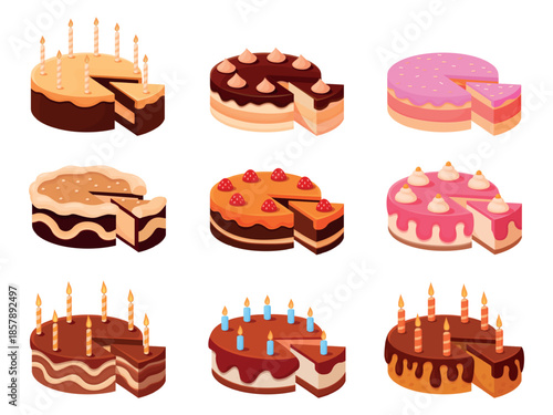Birthday cakes icons. Vibrant cake with candles, celebrating food elements. Tasty sweet desserts with cream, fruits, choco and berries, sapid vector set
