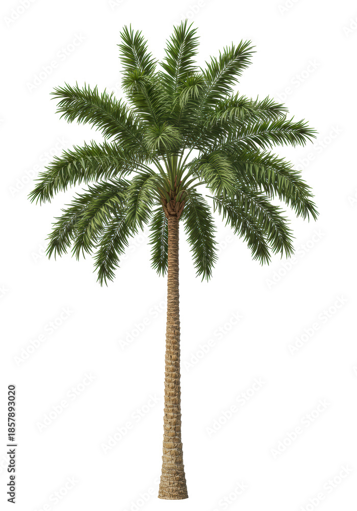 Obraz premium A mature date palm tree with a tall, slender, fibrous light brown trunk and vibrant emerald green fronds, isolated against a transparent studio background with copy space, clean product photography