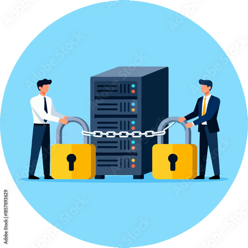 Server Security with Businessmen and Padlocks in Circle Icon – Flat Vector Illustration of Data Protection, Cyber Security and Locked Database System